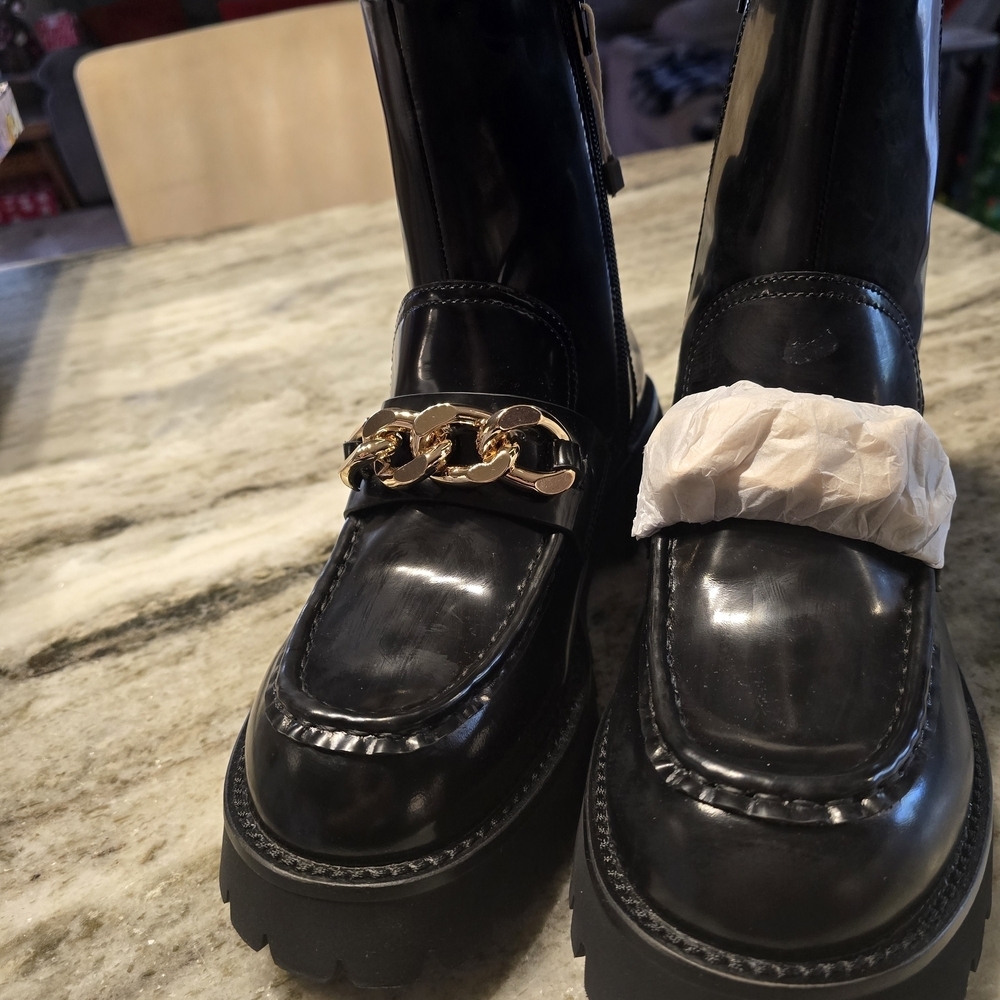Jeffrey Campbell Black Ankle Boots with Gold Chain Detail